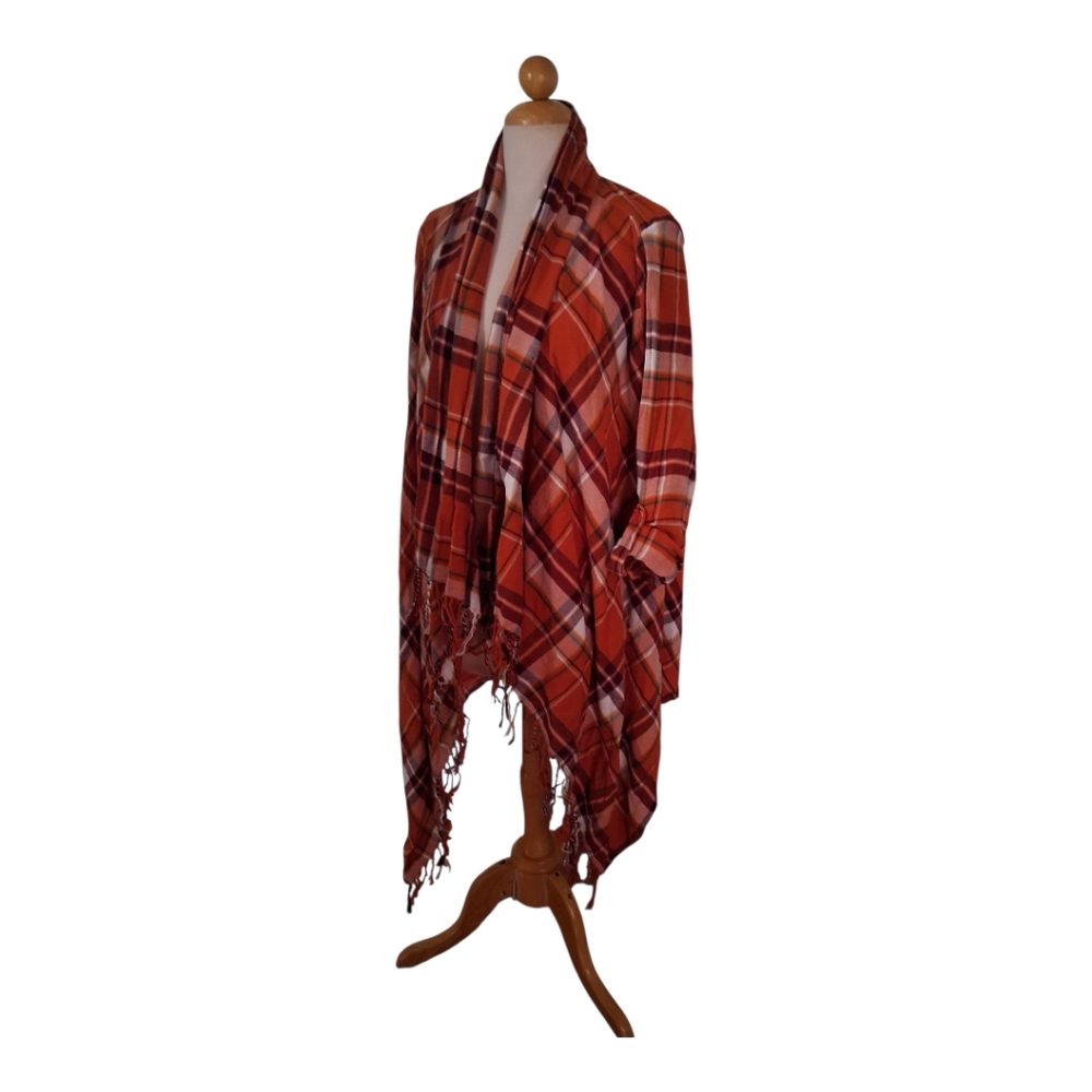 Cato Plaid Flannel Open Front Cardigan – Large | Fringe Hem, Mid-Thigh Length